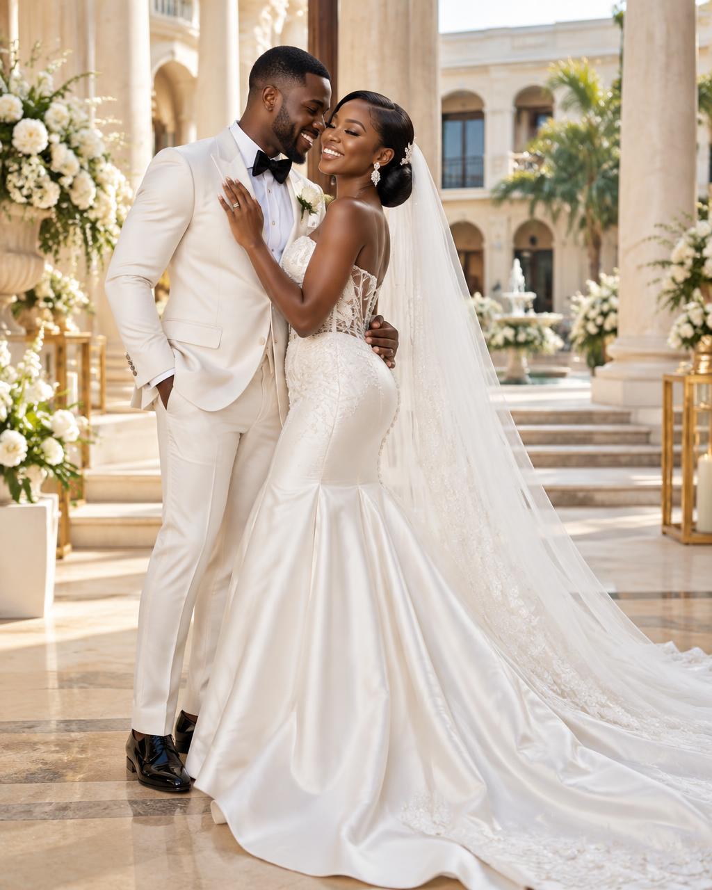 Evelyn and Desmond in ivory wedding attire